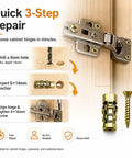 Hinge Repair Kit With Expansion Anchors And 6x14mm Dowels For Stripped Cabinet Holes Easy Fix To Restore Loose Wood Furniture Doors. Quick 3-step repair process illustration with drill, anchor, and hinge fastening steps. Kit includes steel screw and expansion anchor.