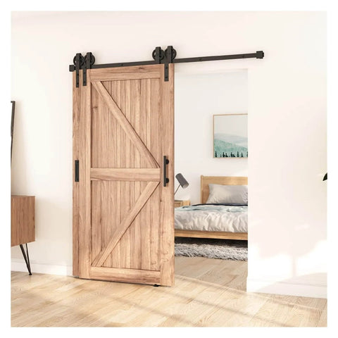 Antique Style Bypass Sliding Wood Barn Door Hardware Kit with Black Top Mounted Tracks and Bearing Rollers for Double Doors installed