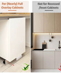 Comparison of full overlay and recessed cabinets with Hands Free Cabinet Foot Pull for trash cans and doors universal mounting kit.