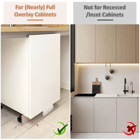 Comparison of full overlay and recessed cabinets with Hands Free Cabinet Foot Pull for trash cans and doors universal mounting kit.