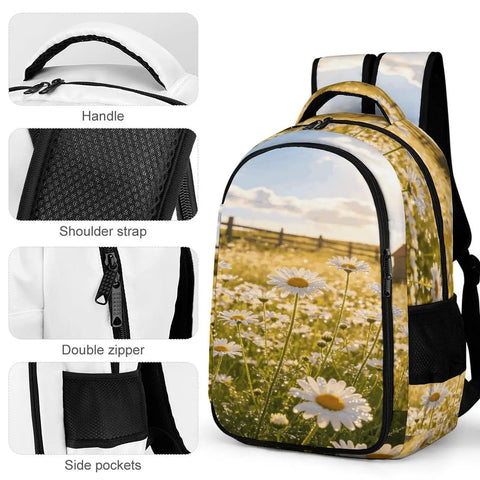Dewy White Daisy Meadow Printed Unisex Backpack With Large Capacity For School And Travel Durable Polyester Daypack With Breathable Comfort Straps And A Sturdy Zipper Perfect For Everyday Use