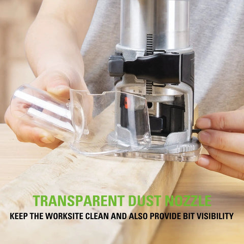 Using Beast Cordless 24V Brushless Compact Router with transparent dust nozzle on a wood plank, precise edging visible