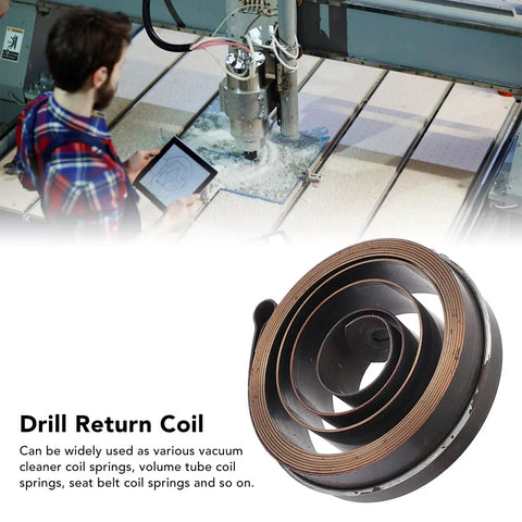 Fast Return Drill Press Quill Spring Coil In Chrome Plated Spring Steel, 19mm Wide, 64mm Outer Diameter, shown coiled and labeled
