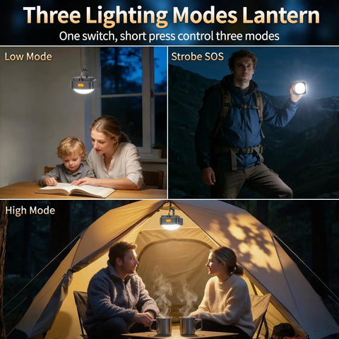 Rechargeable Camping Lights Pack Of 2 With 2000mAh Each, Portable LED Tent Lanterns showing three light modes in different settings