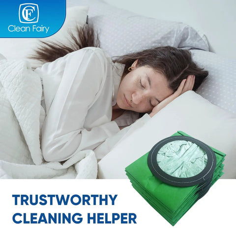 Woman sleeping peacefully with 10 Pack Vacuum Bags For ProTeam CoachVac MegaVac And Super CoachVac, 10 Qt visible nearby.
