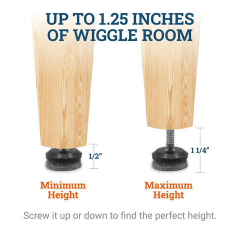 Reinforced 1/4-20 Thread Furniture Levelers 8 Pack With Thick Felt Pads Supports 400 Pounds showing adjustable height options from 1/2 to 1 1/4 inches.