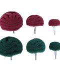 6 Piece Polishing Buffing Wheel Set with Easy Grip Handle for Wood and Metal shown with red and green scouring pad heads.
