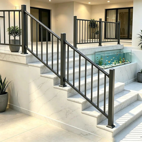 Heavy Duty Black Deck Railing Kit With Reinforced Aluminum Posts And Code Compliant Handrails on marble stairs with plants.