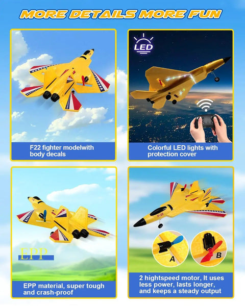 F22 RC Plane Jet For Beginners And Kids, Easy To Fly Foam Glider with LED lights, durable EPP foam, yellow color variant