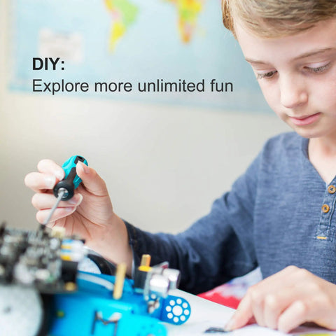 Three In One Servo Pack For mBot Upgrade Turns Your Bot Into A Dancing Cat, A Head Shaking Cat, Or A Light Emitting Cat With Easy To Follow Assembly Guide And Quick Setup Ideal For STEM Projects And Makers. Boy assembling a DIY robot kit
