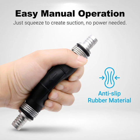 Slick Flexible Fuel Primer Bulb With Dual Check Valve designed for manual operation, featuring anti-slip rubber in hand.