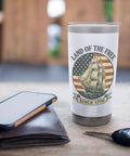 Patriotic Stainless Steel Insulated Tumbler With Sailboat American Flag Design Celebrating 1776 And The 4th Of July Red White And Blue Travel Mug For Independence Day on a wooden table