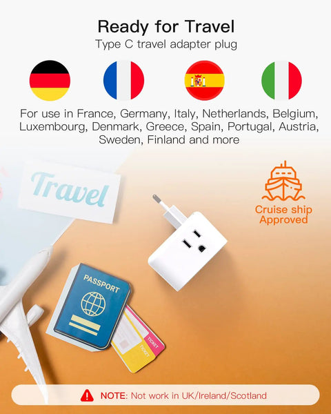 2 Pack European Travel Plug Adapter With 3 Outlets And 3 USB Ports, 2 USB-C, Type C Power Plug For Europe countries, shown with travel essentials