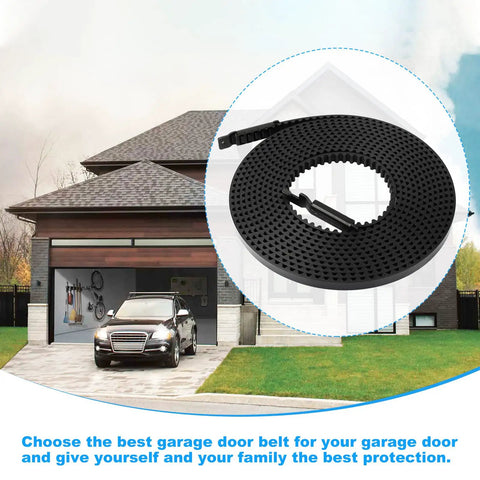 Beefed Up 7Ft Belt Drive Garage Door Opener Replacement Belt 41A5250 for quiet, smooth operation shown near garage
