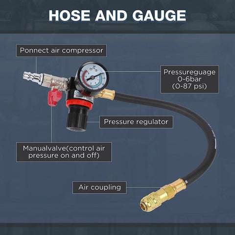 Angchun turbo system leakage tester with pressure gauge and black hose with brass air fittings