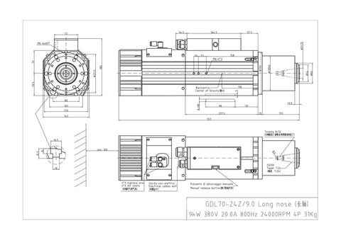 Technical drawing of Beefy Long Nose Automatic Tool Changing CNC Spindle 9KW Air Cooled 24000RPM ISO30 220V 380V with dimensions.
