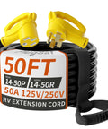 Rugged 50 Foot 50 Amp RV And EV Extension Cord Outdoor 125 To 250 Volt 6250 To 12500 Watt STW Rated For Camping Travel Trailers And Home Power Needs All Weather Ready, coiled with NEMA 14-50 plugs