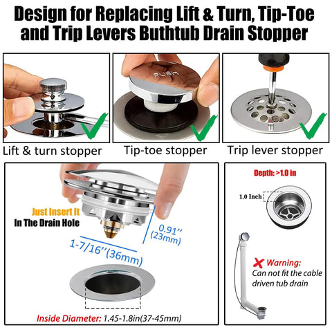 Image showing Upgraded Bathtub Drain Stopper With Hair Catcher Pop Up Tub Strainer Cover for replacing old models, installation details.