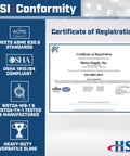 Certificate of registration displaying compliance with ASME B30.9 and OSHA 1910.184 for heavy-duty versatile sling by HSI.