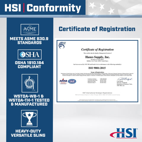 Certificate of registration displaying compliance with ASME B30.9 and OSHA 1910.184 for heavy-duty versatile sling by HSI.