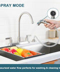 Brushed Nickel Kitchen Faucet With Sprayer, 2-Handle High Arc Sink Faucet shown spraying water in kitchen sink with fruits, 360 Degree Swivel