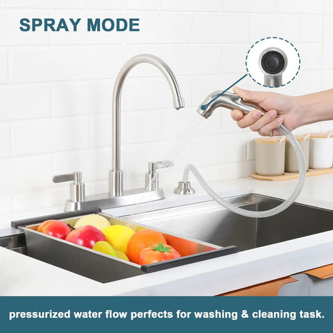 Brushed Nickel Kitchen Faucet With Sprayer, 2-Handle High Arc Sink Faucet shown spraying water in kitchen sink with fruits, 360 Degree Swivel