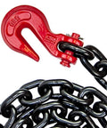 Close-up of red forged J-Hook on Alloy Tow Chain With Forged Long J Hook 3/8 Inch By 8 Foot Grade 80 Pro Series 7,100 Pound Safe Working Load Heavy Duty Tow Chain For Trucks Towing And Vehicle Recovery Ideal For Heavy Duty Towing On Flatbeds And Rural Roads.