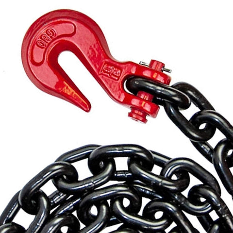 Close-up of red forged J-Hook on Alloy Tow Chain With Forged Long J Hook 3/8 Inch By 8 Foot Grade 80 Pro Series 7,100 Pound Safe Working Load Heavy Duty Tow Chain For Trucks Towing And Vehicle Recovery Ideal For Heavy Duty Towing On Flatbeds And Rural Roads.
