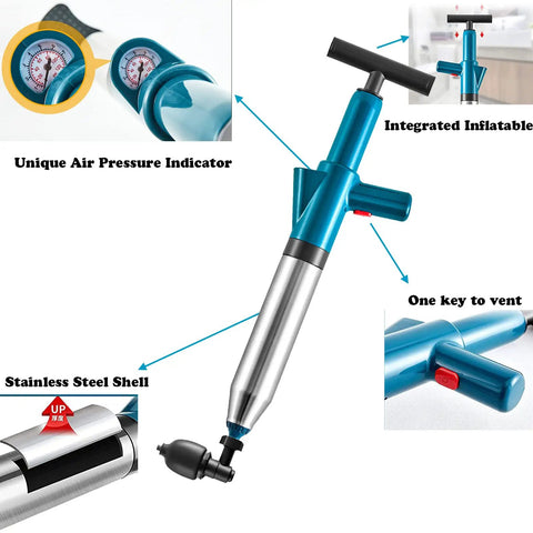 Air Powered Toilet Drain Blaster Plunger High Pressure Dredge Tool with gauge and interchangeable heads