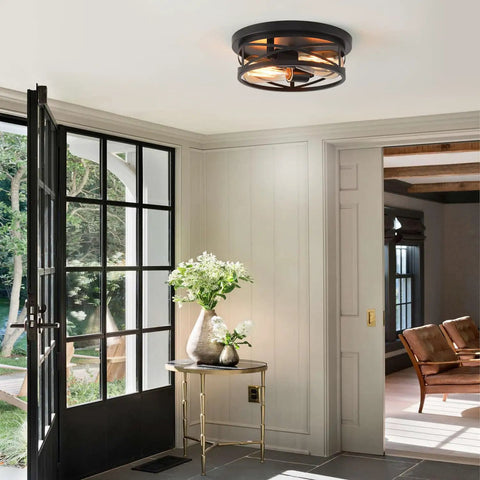 Black Flush Mount Ceiling Light Industrial Vintage Metal Cage Fixture Close To Ceiling For Kitchen Hallway Bedroom Farmhouse