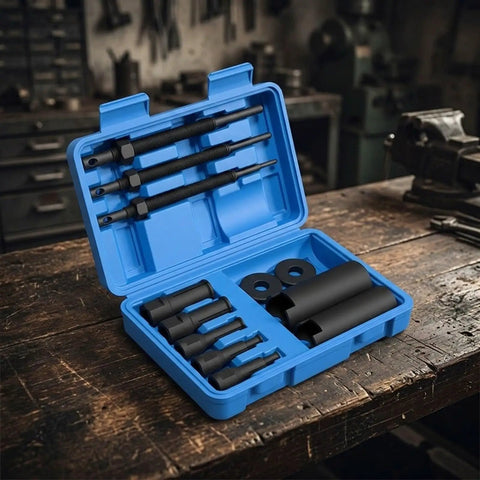 Top Quality Steel Heavy Duty Bike Bearing Puller Kit Comes With 12 Piece Motorcycle Inner Bearing Removal Tools For Auto Vehicle Maintenance And Garage Repair Hard Working Mechanics And Busy Weekenders Who Want Sick Performance On Open Road, blue case open
