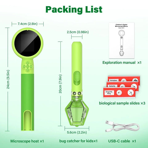 2 In 1 Digital Microscope Kit With Bug Catcher For Kids Portable Handheld 1080P HD Microscope For STEM Education And Nature Discovery Great Gift For Boys And Girls Aged 3 To 15 packing list with microscope host, bug catcher, manual, slides, and USB-C cable