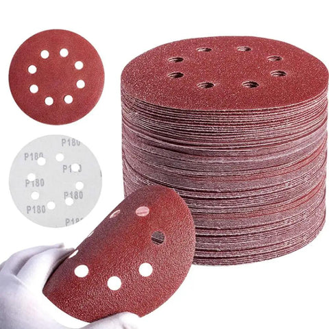 Grab Your 100 Pack Of 5 Inch Alumina Sanding Discs With Hook And Loop Backing For Smooth Polishing From 40 To 2000 Grit, showing discs and grip details.