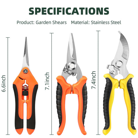Three Pack Garden Pruning Shears Set With Stainless Steel Blades, Multipurpose Gardening Scissors And Clippers With Size Details