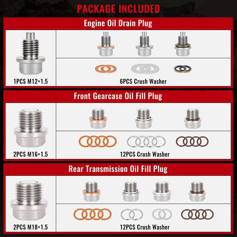 Top Tier 5-Piece Stainless Steel Magnetic Oil Drain Plug Kit For Polaris RZR Ranger General Sportsman Heavy Duty Gearcase Engine Fill Set Replaces 7052306 2203738 2203739 3234756 3234755 With Washers, M12 M16 M18