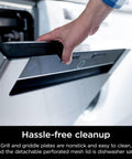 Person placing indoor grill plates into dishwasher, illustrating Electric Griddle And Indoor Grill With Interchangeable Plates For Grilling And Griddling Sear Steaks Burgers Salmon And Veggies At Up To 500 F Nonstick Surface Dishwasher Safe 14 Inch Cooking Surface And Even Heating.