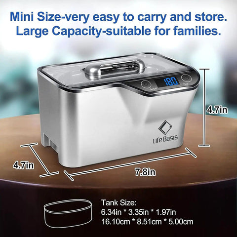 Ultrasonic Cleaner 45kHz 35W 20oz Digital Timer Pro Grade Jewelry Cleaner dimensions on display