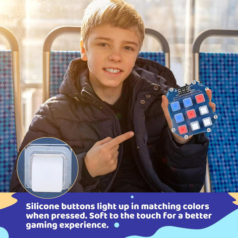 Boy holding DIY Hands On Electronic Game Kit With 3 In 1 LED Game Soldering Project for Memory, Speed and Reaction Modes