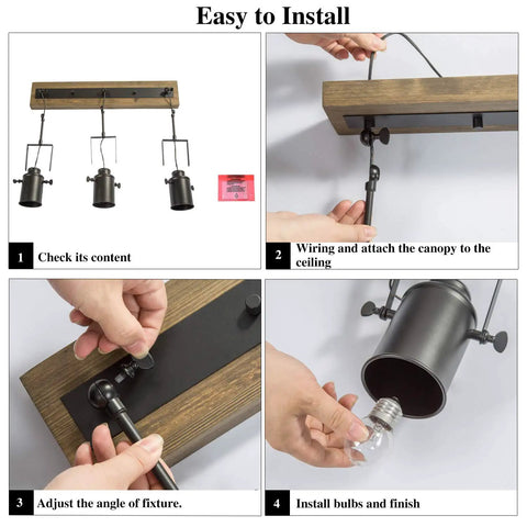 Step-by-step installation of Adjustable 3-Head Track Lighting Fixture In Black Wood Finish, showing wiring, adjusting, and bulb installation.