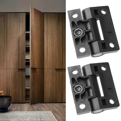 Front view of Four Pack 36x42mm Black Plastic Adjustable Torque Hinges For Wardrobe Cabinets Doors And Wooden Storage Boxes.