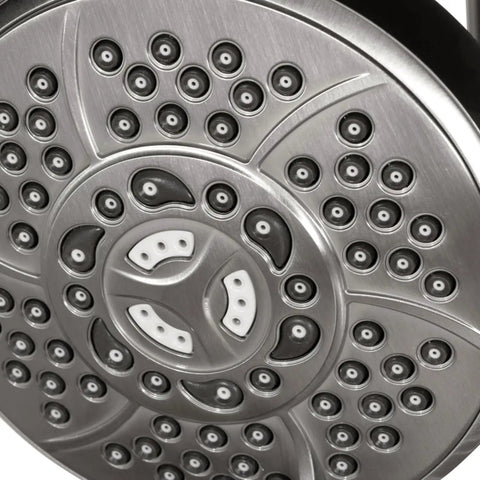 Close-up of the multi-function handheld shower head from HomeStock Modern Brushed Nickel Shower System with Adjustable Slide Bar.
