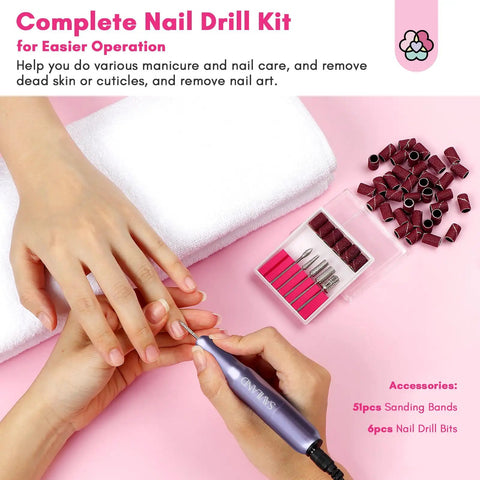 Hands using nail drill from Dip Powder Nail Kit With Drill Starter Set For DIY Mani, 30 Colors Dip Powder Collection, Dipping Liquid Set