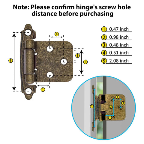1/2 Inch Overlay Cabinet Door Hinges Featuring Durable Antique Brass Coating And Smooth Self Closing Action, top view with measurement markings.