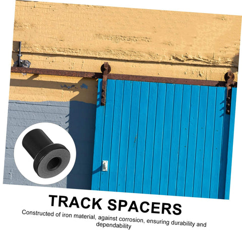 4 Pack Carbon Steel Sliding Barn Door Track Spacers And Connectors For Wall And Rail Track Spacer Assemblies shown with blue door