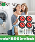 Upgraded Whirlpool Dryer Repair Kit With Hella Durable 4392067 Parts And Wpw10314173 Drum Rollers showing polymer rollers and tools.