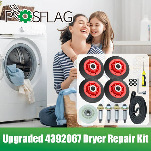 Upgraded Whirlpool Dryer Repair Kit With Hella Durable 4392067 Parts And Wpw10314173 Drum Rollers showing polymer rollers and tools.