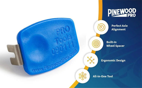 Axle Inserter Guide For Pinewood Derby Cars, Easy And Precise Alignment For Straight Axles, blue and metal design with spacer