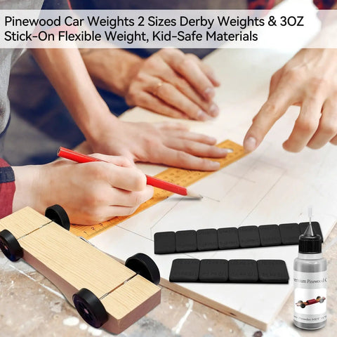 Go-To Pinewood Derby Weights Kit With Lead Free 4 Ounce Car Weights And Half Ounce Graphite Powder Graphite Lubricant shown unpacked
