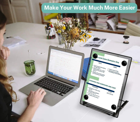 Desktop Document Holder For Typing And Hands Free Reading Foldable Paper Stand on desk with open laptop and documents.