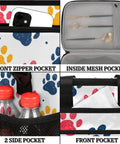 Insulated Picnic Backpack Lunch Tote For Women And Men with pockets and paw print design, detail of side and mesh pockets.